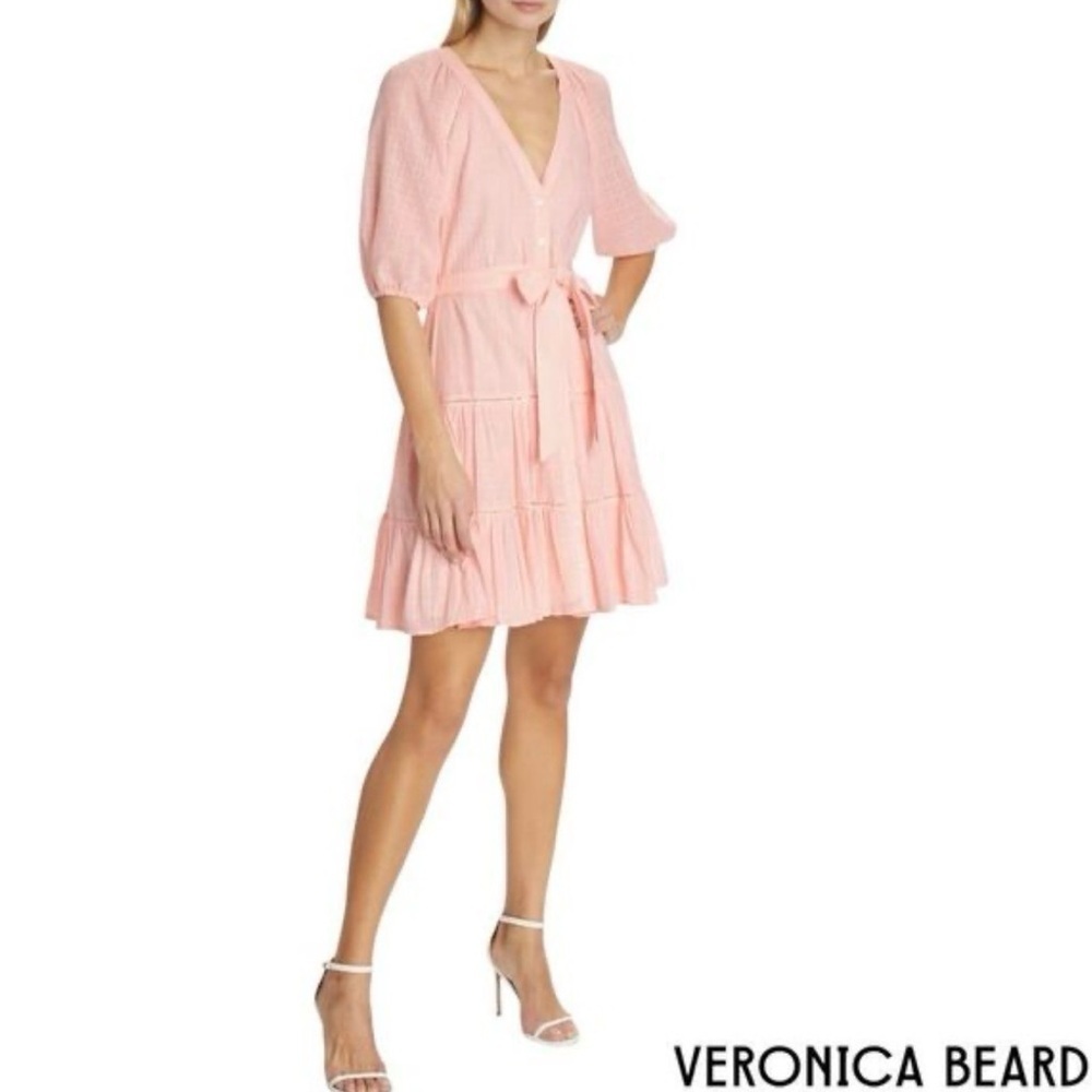 Veronica Beard Dewey Tiered Cotton Tie-Waist Minidress Size 8 Pink Haze